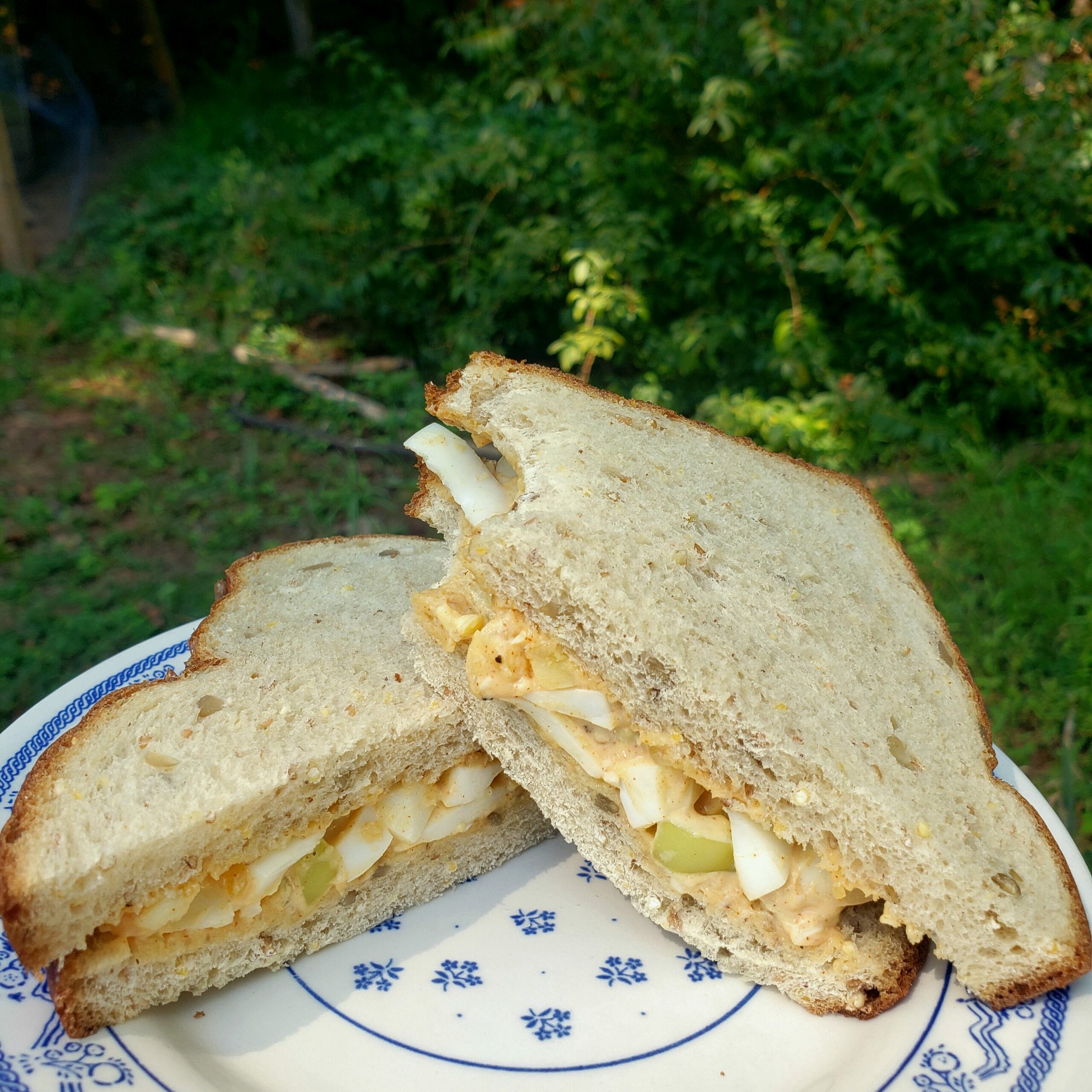 an egg salad sandwich sliced diagonally rests on a blue and white plate against a green background of natural landscape